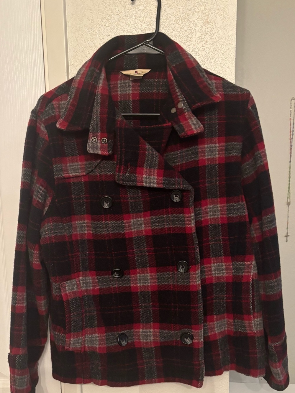 Woolrich Red and Black Plaid Wool Peacoat